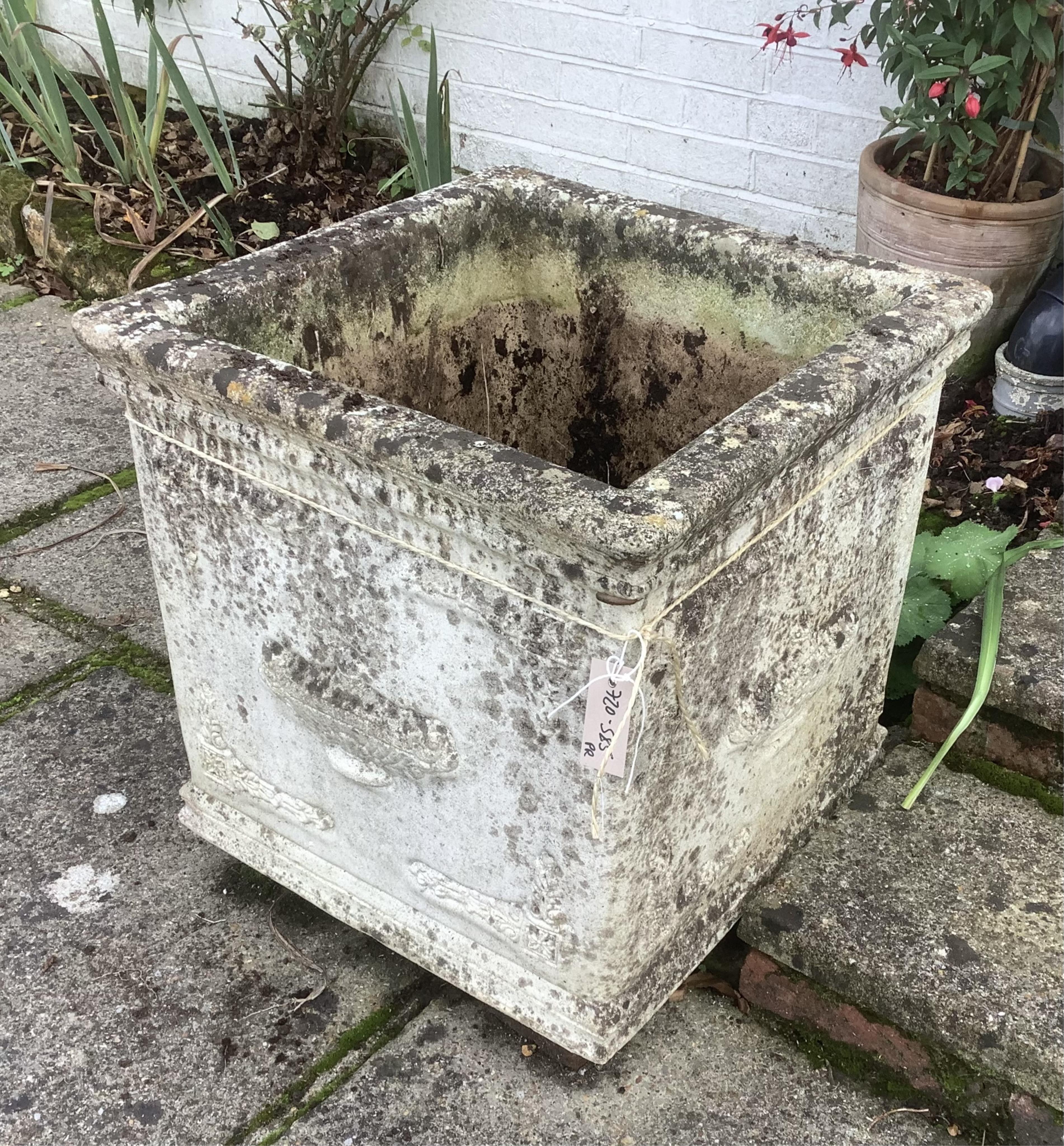 A pair of square reconstituted stone planters, height 50cm, width 50cm. planting removed, Condition - weathered, otherwise good